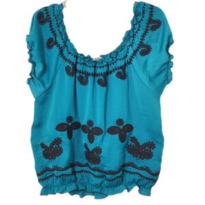 Ivy Jane Teal Green Ruffled Embroidered Blouson Top With Black Stitching Details